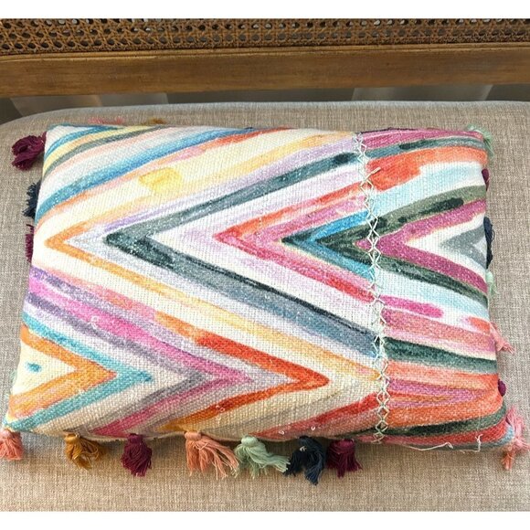 ANTHROPOLOGIE Decorative Pillow Multi-Colored Striped With Tassels - Picture 4 of 7